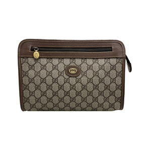 Gucci Clutch Bag Shoulder Leather Beige Brown